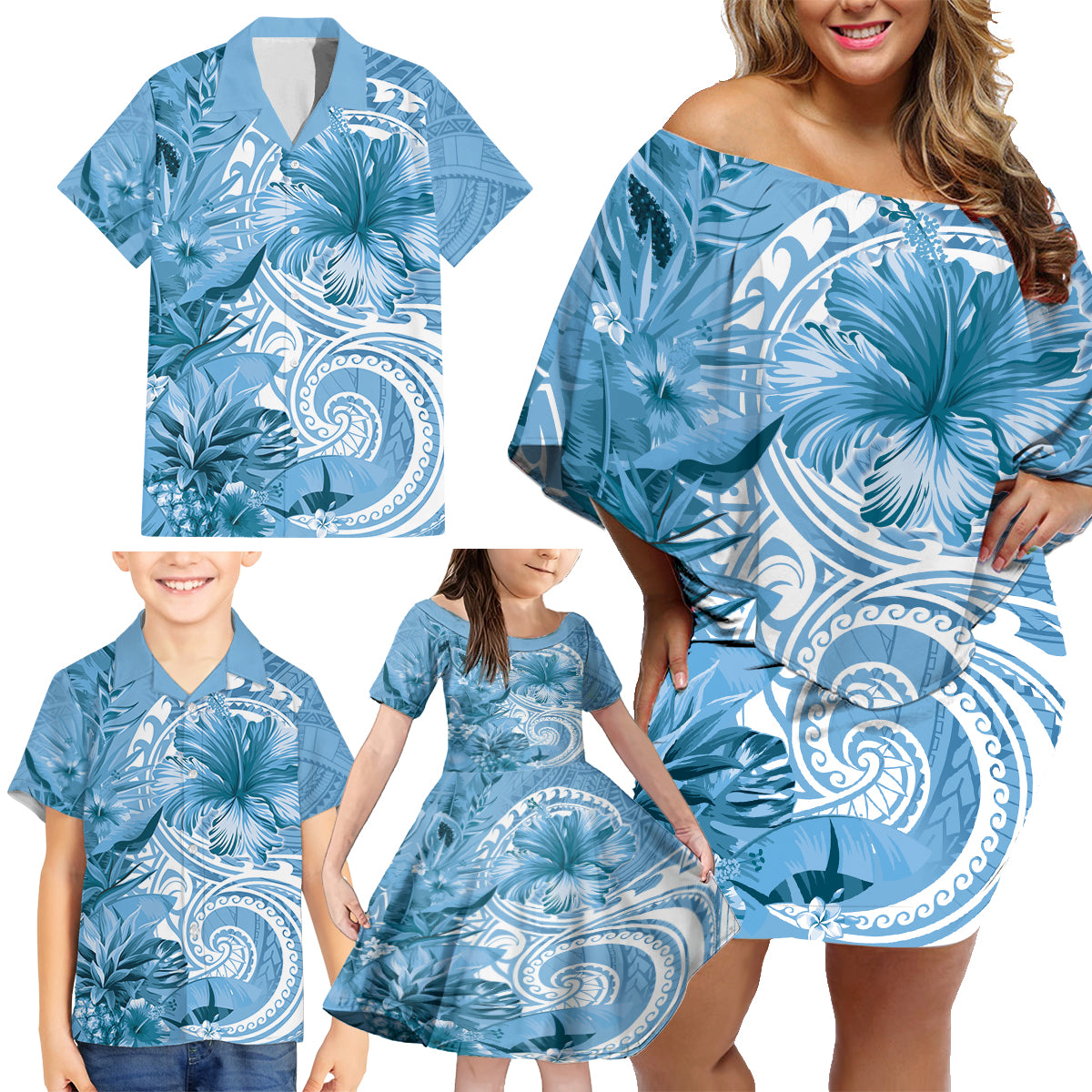 Polynesian Hibiscus Flower Tribal Family Matching Off Shoulder Short Dress and Hawaiian Shirt Blue Color LT9 - Polynesian Pride