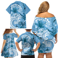 Polynesian Hibiscus Flower Tribal Family Matching Off Shoulder Short Dress and Hawaiian Shirt Blue Color LT9 - Polynesian Pride