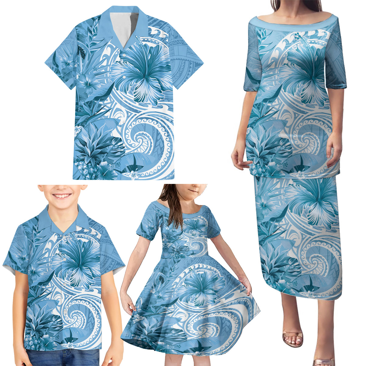 Polynesian Hibiscus Flower Tribal Family Matching Puletasi and Hawaiian Shirt Blue Color LT9 - Polynesian Pride