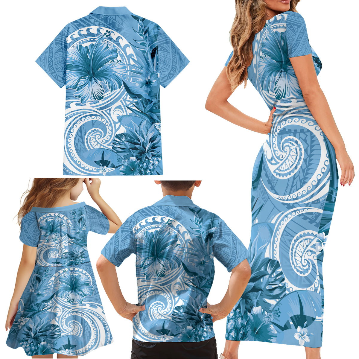 Polynesian Hibiscus Flower Tribal Family Matching Short Sleeve Bodycon Dress and Hawaiian Shirt Blue Color LT9 - Polynesian Pride