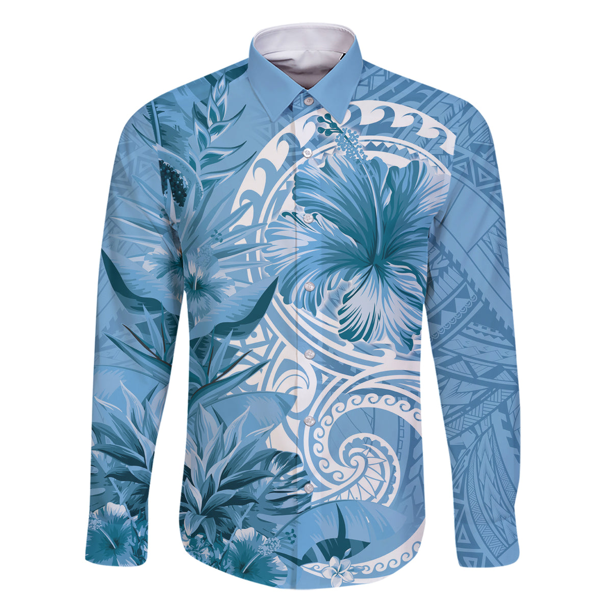 Polynesian Hibiscus Flower Tribal Family Matching Short Sleeve Bodycon Dress and Hawaiian Shirt Blue Color LT9 Dad's Shirt - Long Sleeve Blue - Polynesian Pride