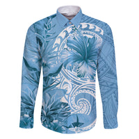 Polynesian Hibiscus Flower Tribal Family Matching Short Sleeve Bodycon Dress and Hawaiian Shirt Blue Color LT9 Dad's Shirt - Long Sleeve Blue - Polynesian Pride