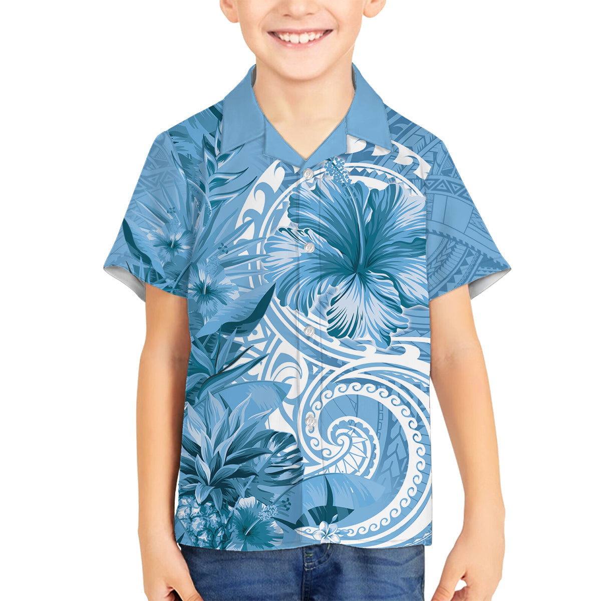 Polynesian Hibiscus Flower Tribal Family Matching Summer Maxi Dress and Hawaiian Shirt Blue Color