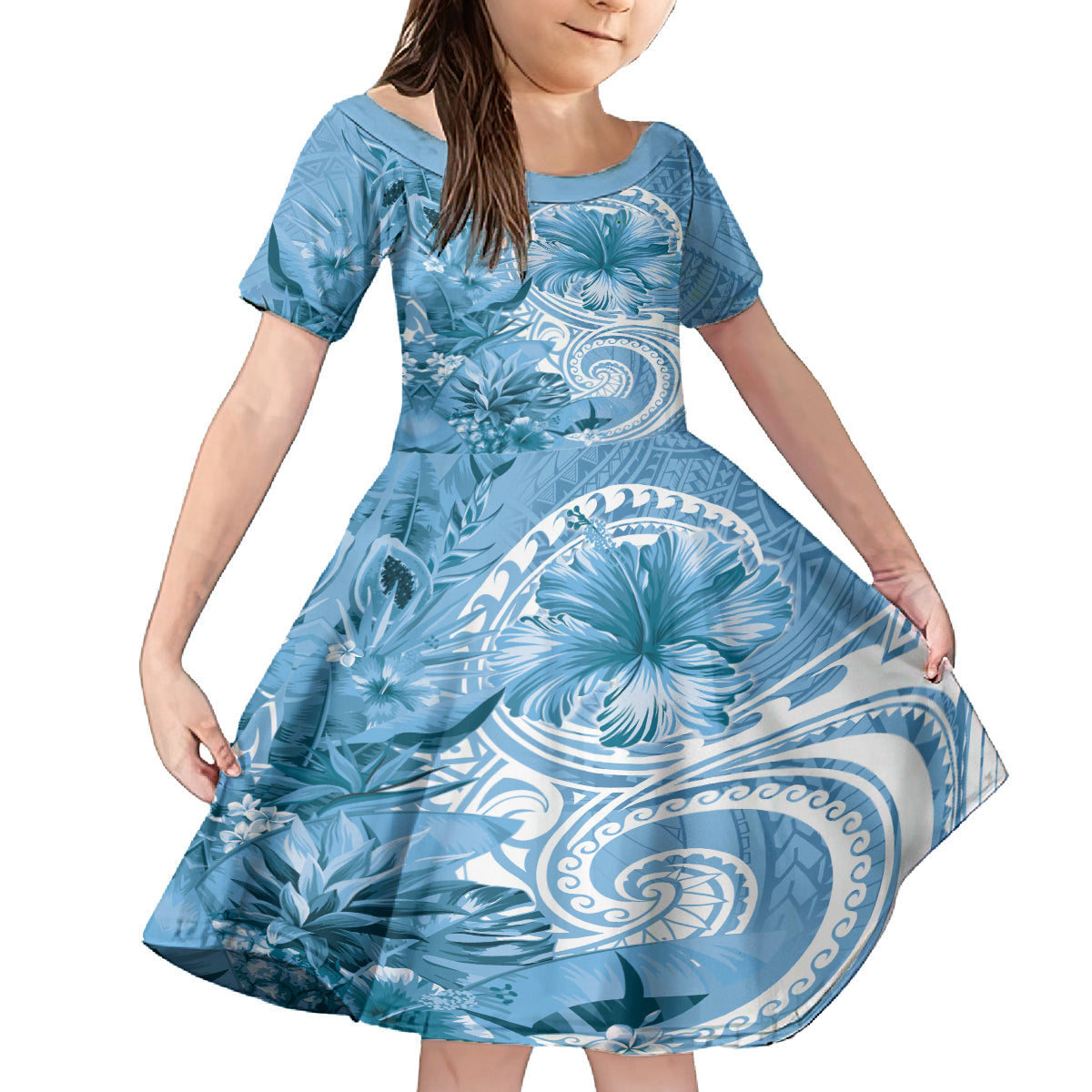 Polynesian Hibiscus Flower Tribal Family Matching Tank Maxi Dress and Hawaiian Shirt Blue Color LT9 Daughter's Dress Blue - Polynesian Pride