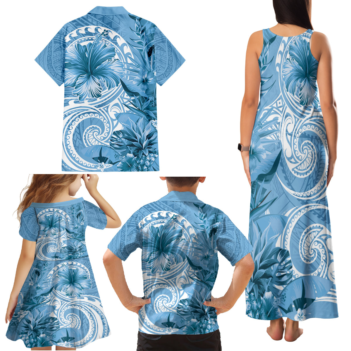 Polynesian Hibiscus Flower Tribal Family Matching Tank Maxi Dress and Hawaiian Shirt Blue Color LT9 - Polynesian Pride