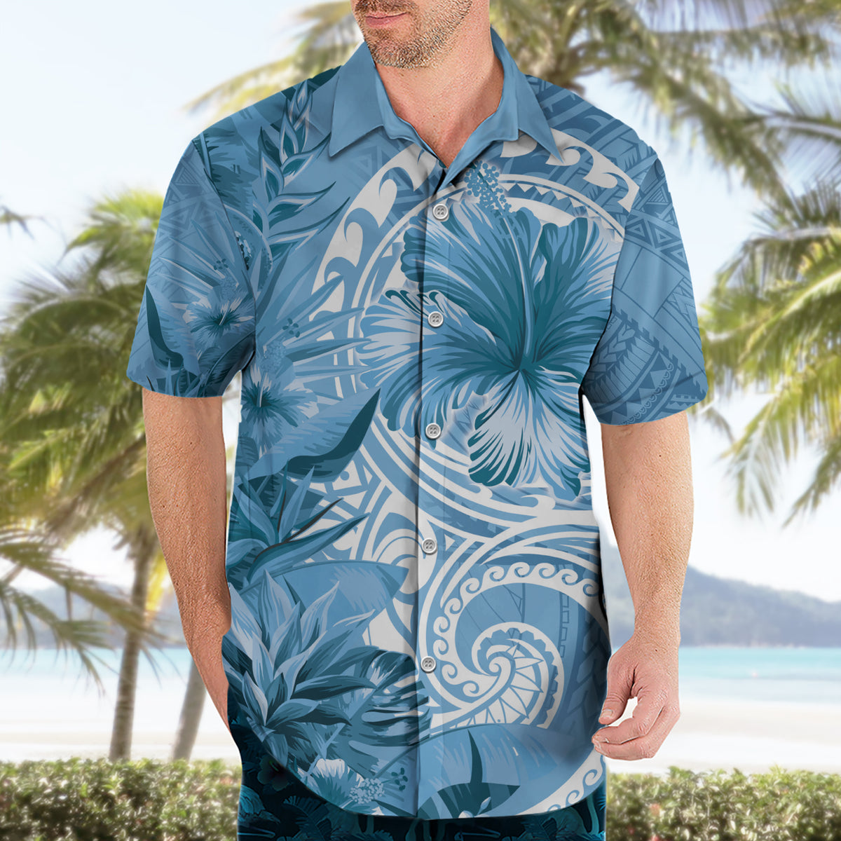 Polynesian Hibiscus Flower Tribal Hawaiian Shirt Blue Color