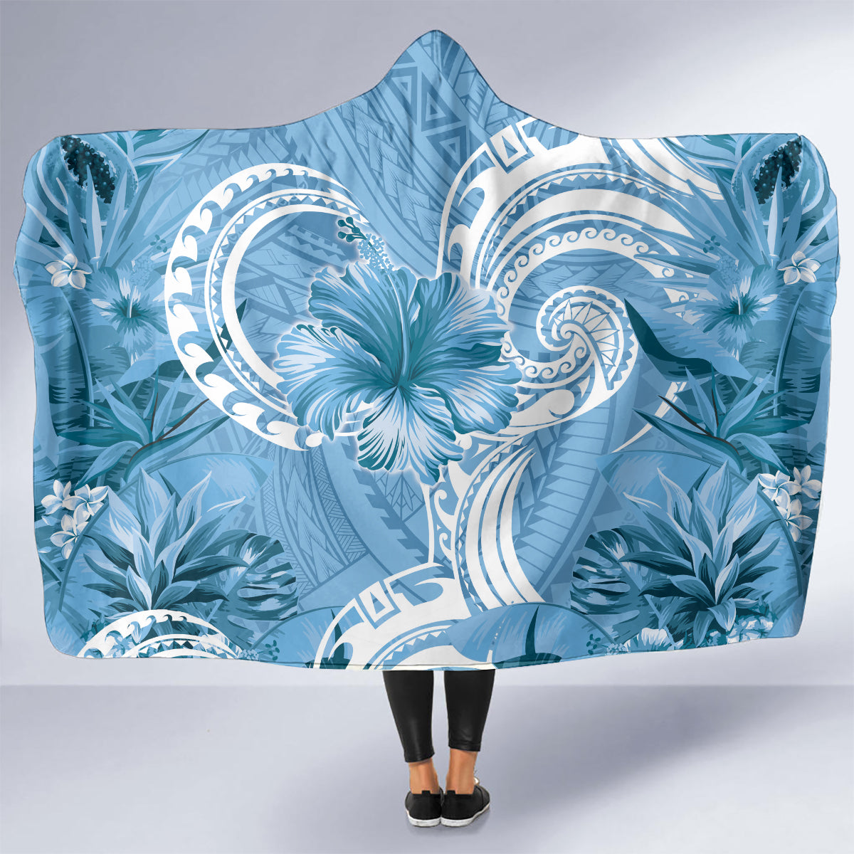 Polynesian Hibiscus Flower Tribal Hooded Blanket Blue Color