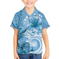 Polynesian Hibiscus Flower Tribal Kid Hawaiian Shirt Blue Color