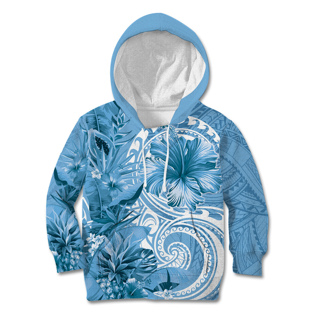 Polynesian Hibiscus Flower Tribal Kid Hoodie Blue Color