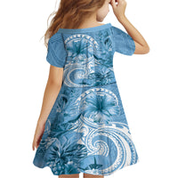 Polynesian Hibiscus Flower Tribal Kid Short Sleeve Dress Blue Color