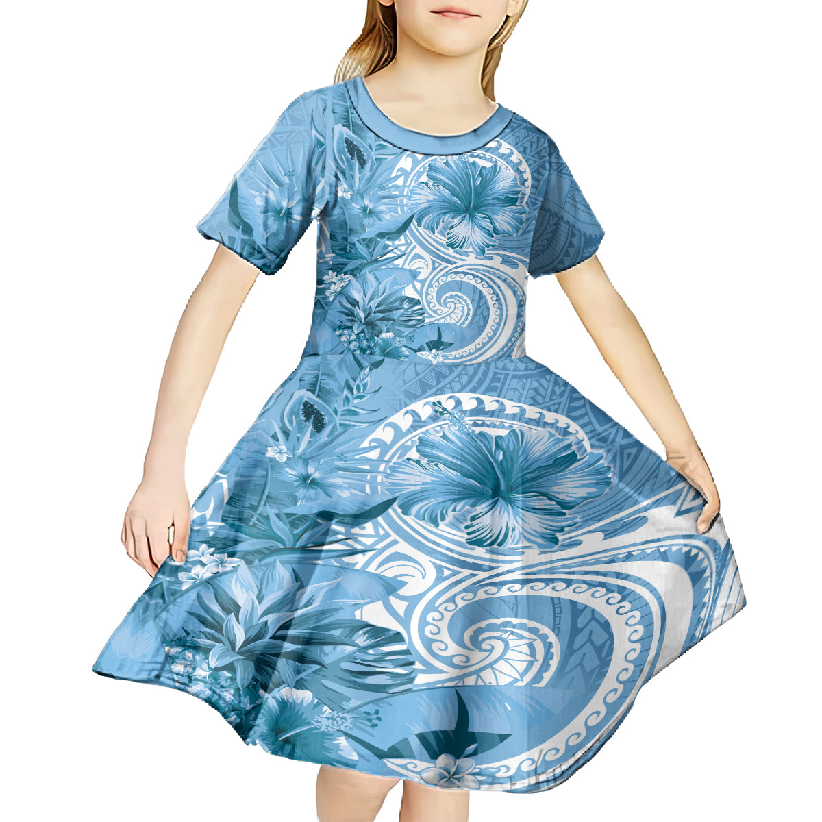 Polynesian Hibiscus Flower Tribal Kid Short Sleeve Dress Blue Color