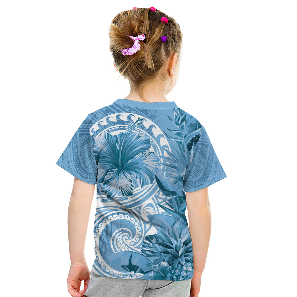 Polynesian Hibiscus Flower Tribal Kid T Shirt Blue Color