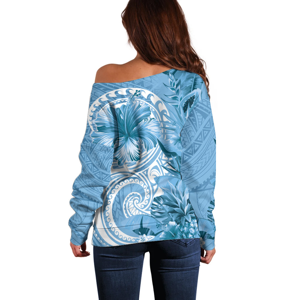 Polynesian Hibiscus Flower Tribal Off Shoulder Sweater Blue Color