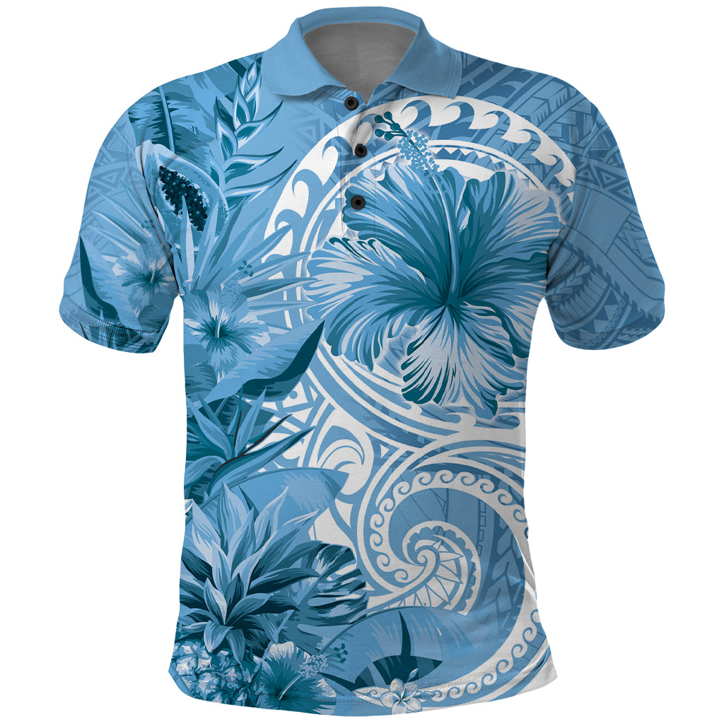 Polynesian Hibiscus Flower Tribal Polo Shirt Blue Color