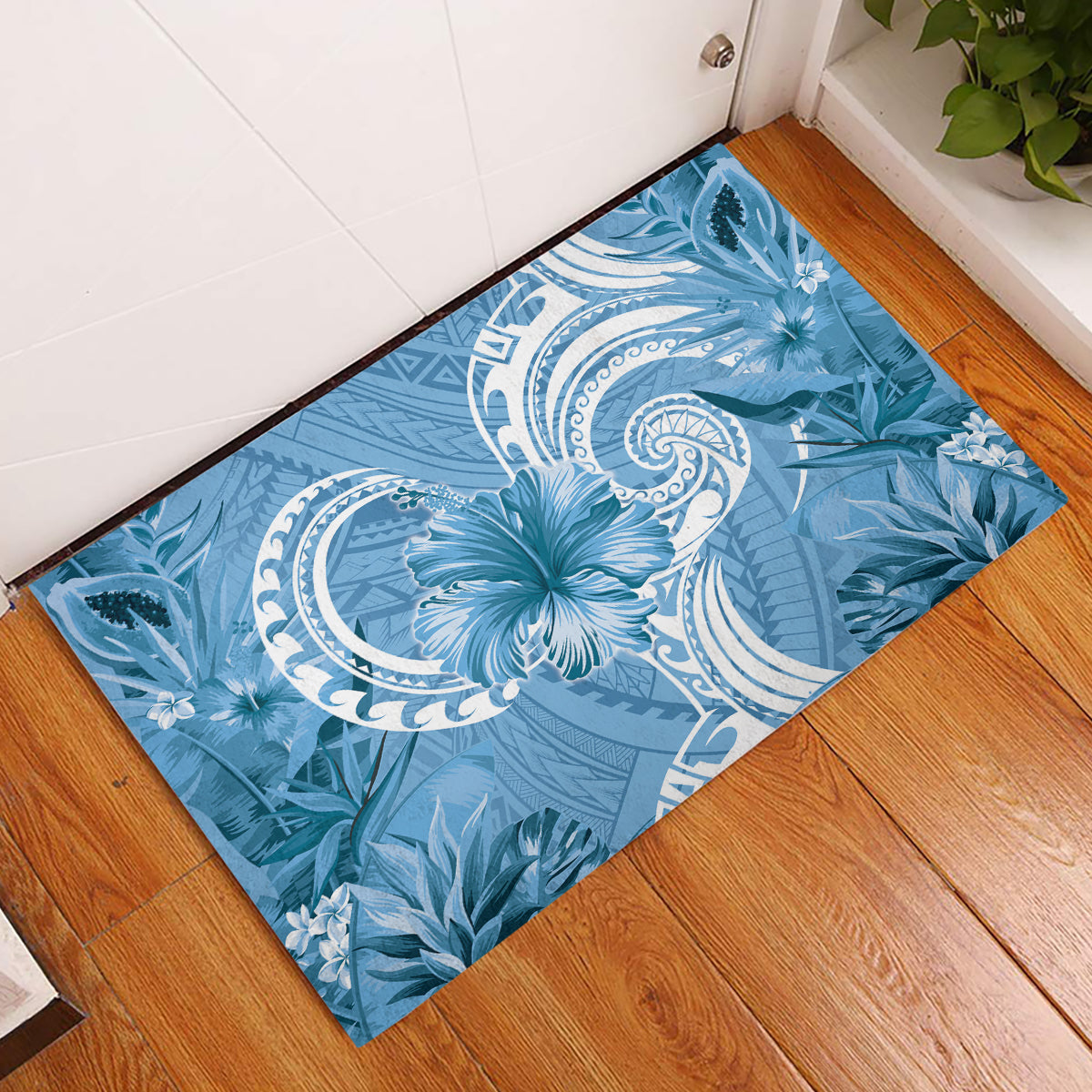 Polynesian Hibiscus Flower Tribal Rubber Doormat Blue Color