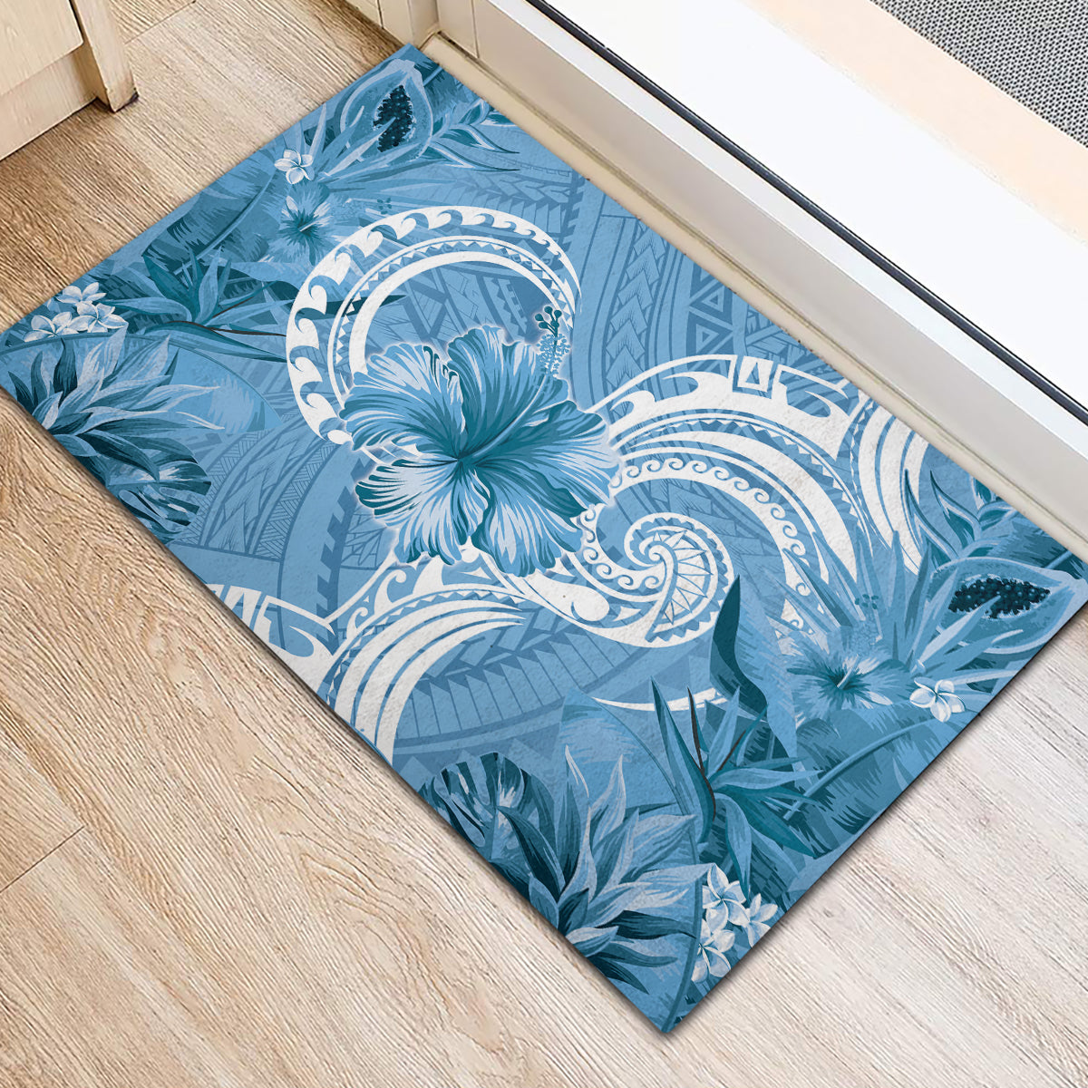 Polynesian Hibiscus Flower Tribal Rubber Doormat Blue Color