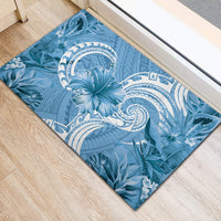 Polynesian Hibiscus Flower Tribal Rubber Doormat Blue Color