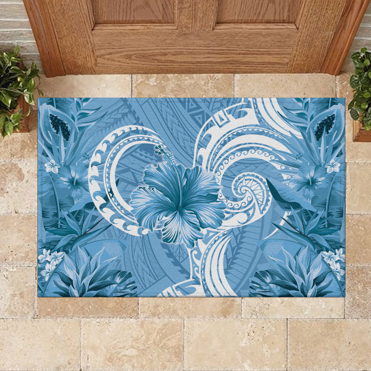 Polynesian Hibiscus Flower Tribal Rubber Doormat Blue Color