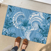 Polynesian Hibiscus Flower Tribal Rubber Doormat Blue Color