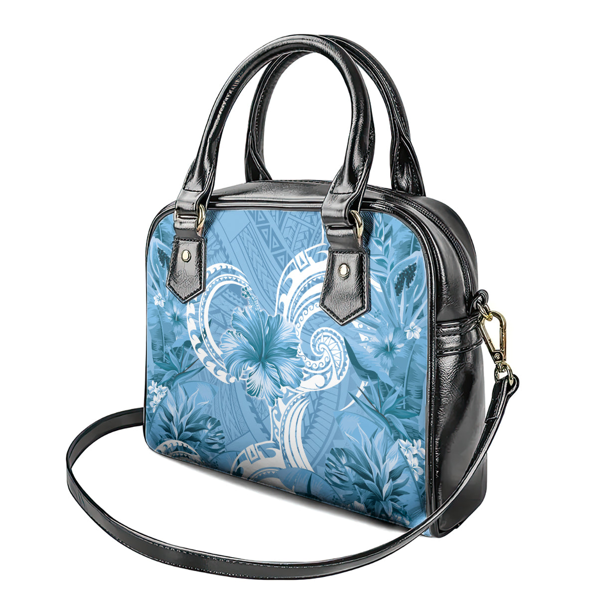 Polynesian Hibiscus Flower Tribal Shoulder Handbag Blue Color