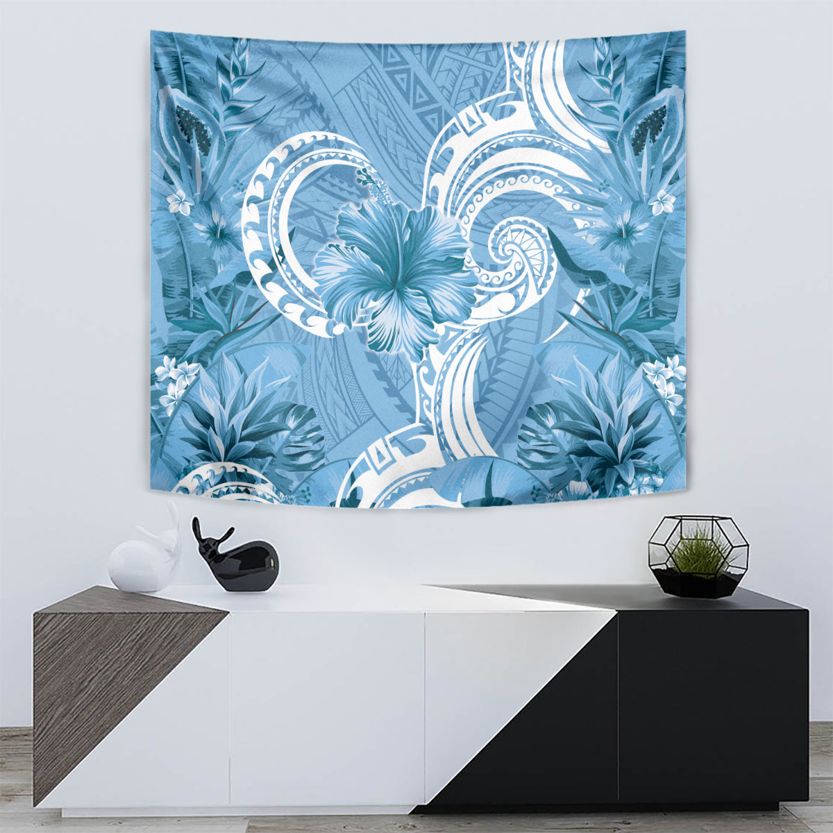 Polynesian Hibiscus Flower Tribal Tapestry Blue Color