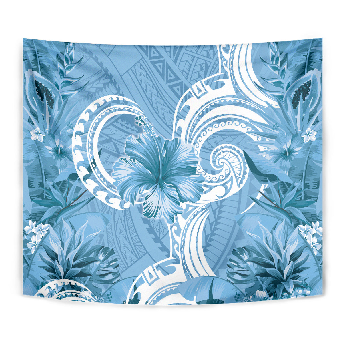 Polynesian Hibiscus Flower Tribal Tapestry Blue Color
