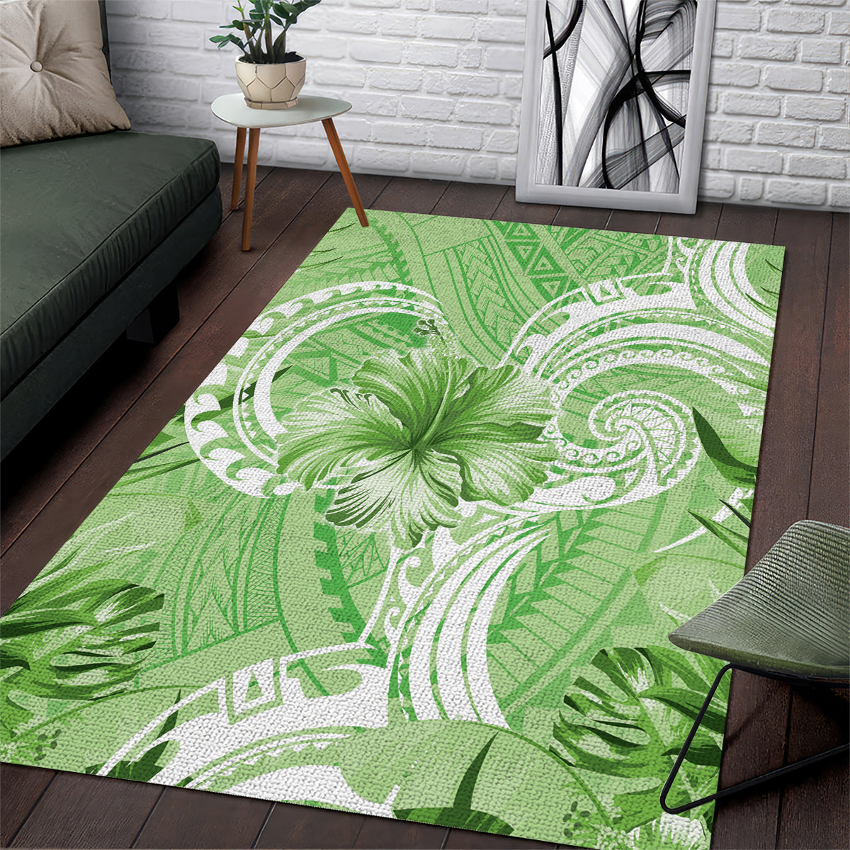 Polynesian Hibiscus Flower Tribal Area Rug Lime Green Color