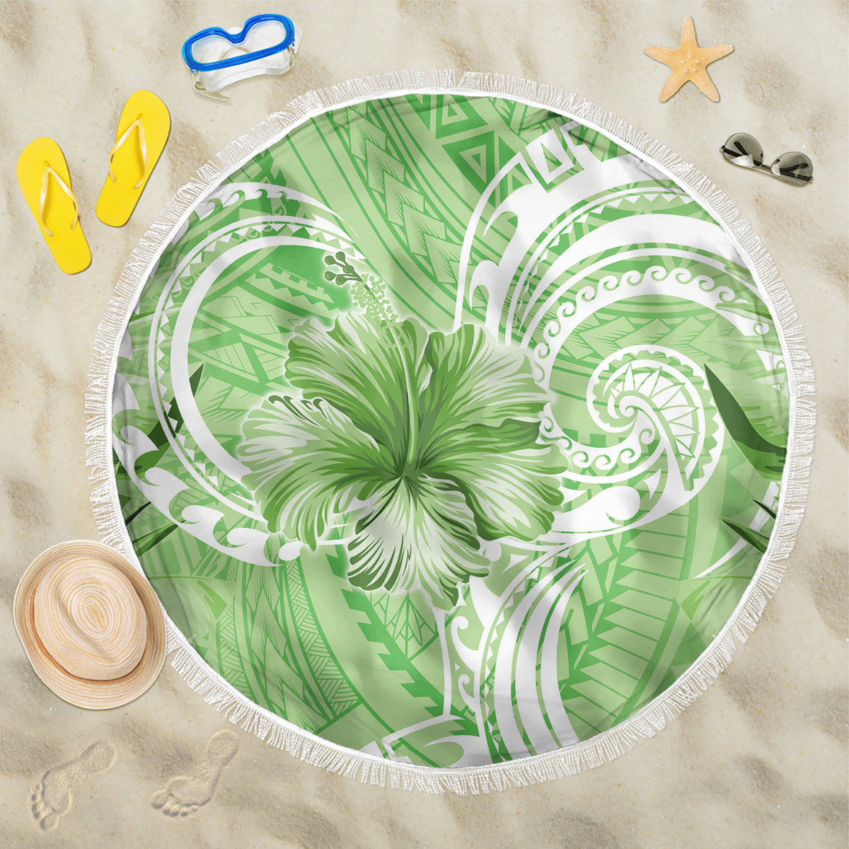 Polynesian Hibiscus Flower Tribal Beach Blanket Lime Green Color