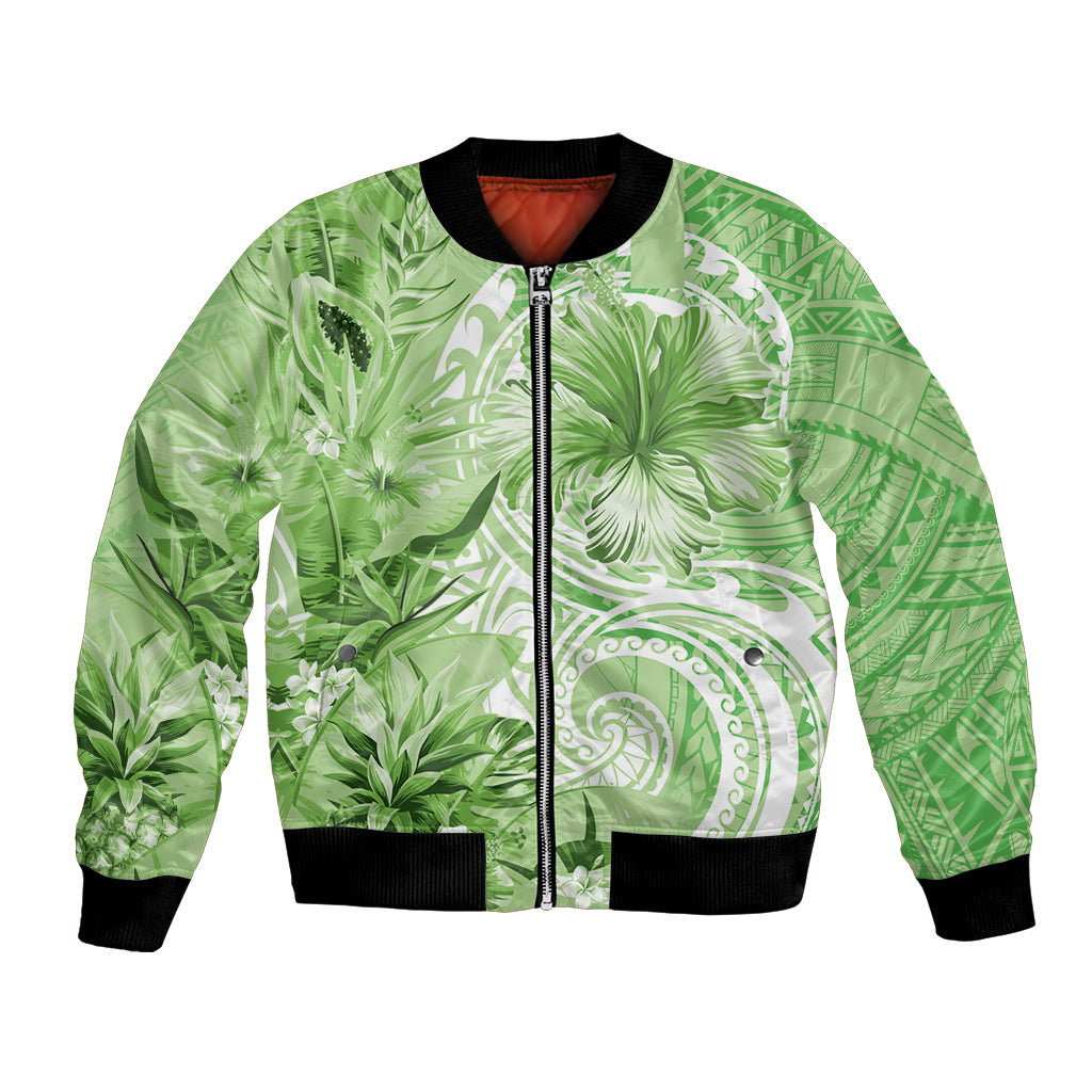 Polynesian Hibiscus Flower Tribal Bomber Jacket Lime Green Color