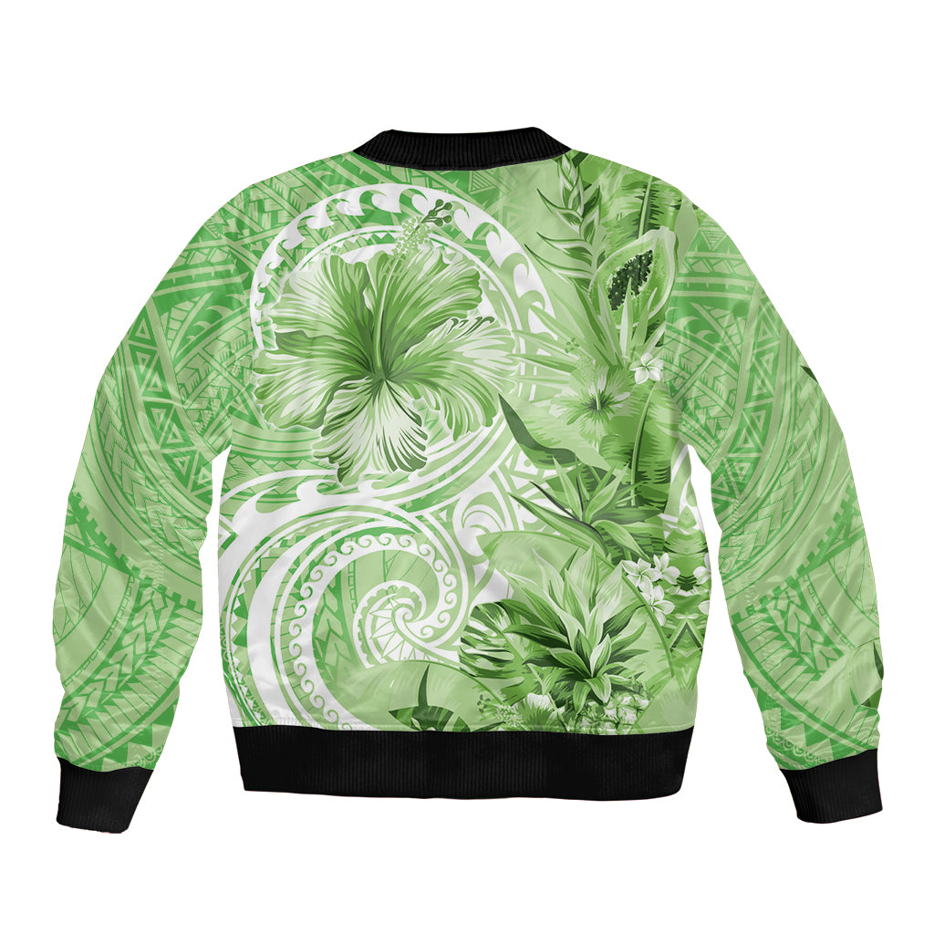 Polynesian Hibiscus Flower Tribal Bomber Jacket Lime Green Color