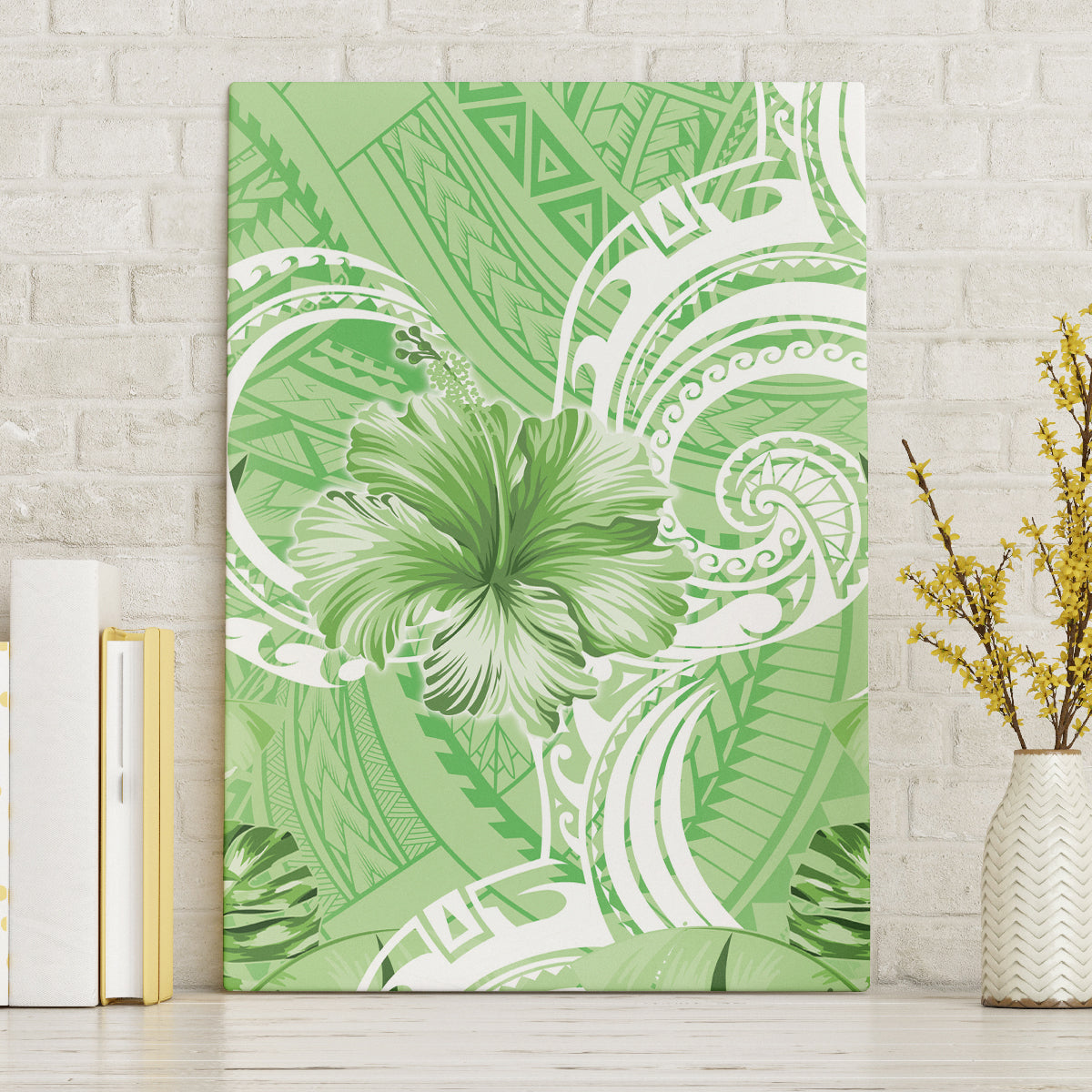 Polynesian Hibiscus Flower Tribal Canvas Wall Art Lime Green Color