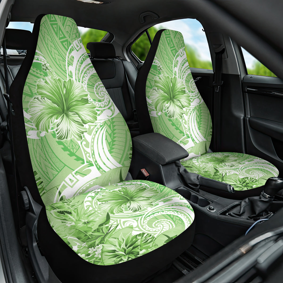 Polynesian Hibiscus Flower Tribal Car Seat Cover Lime Green Color