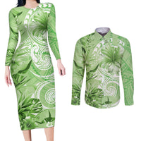 Polynesian Hibiscus Flower Tribal Couples Matching Long Sleeve Bodycon Dress and Long Sleeve Button Shirt Lime Green Color LT9 Lime Green - Polynesian Pride
