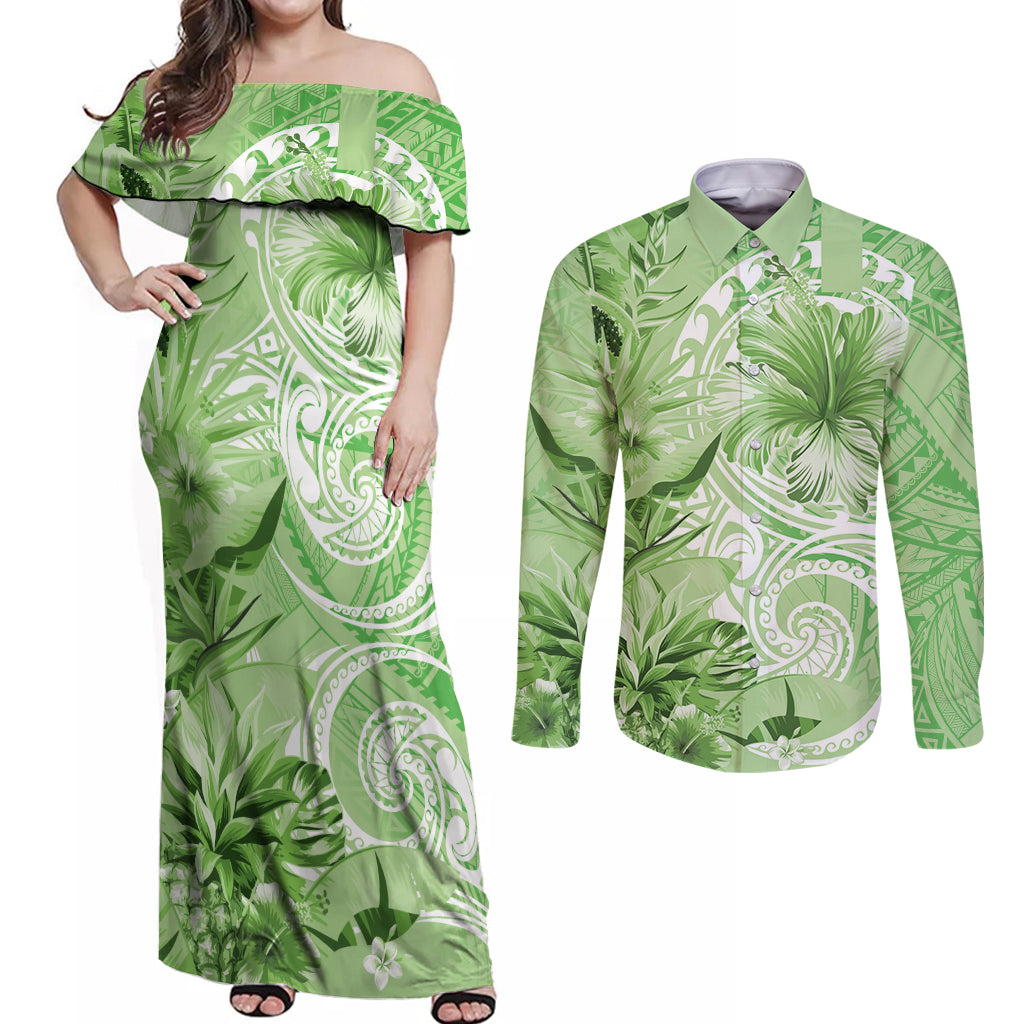 Polynesian Hibiscus Flower Tribal Couples Matching Off Shoulder Maxi Dress and Long Sleeve Button Shirt Lime Green Color