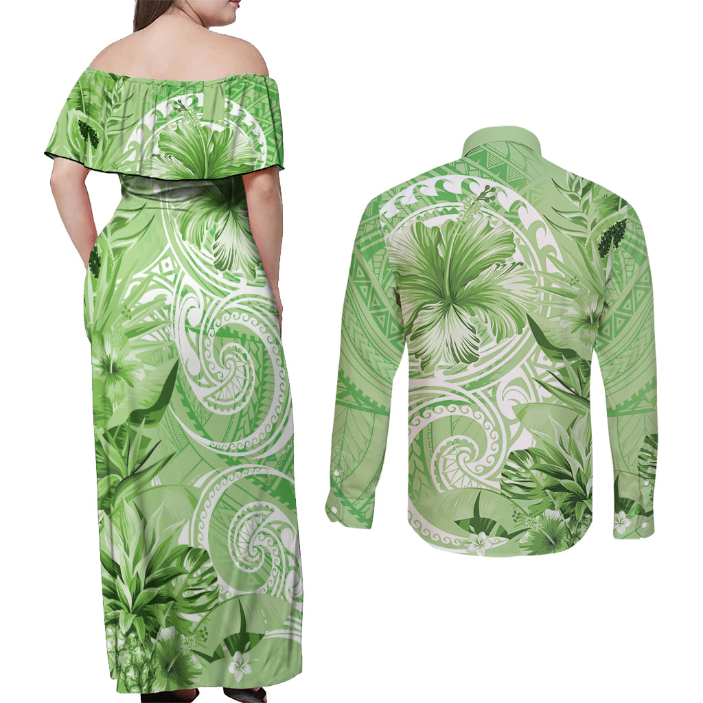 Polynesian Hibiscus Flower Tribal Couples Matching Off Shoulder Maxi Dress and Long Sleeve Button Shirt Lime Green Color