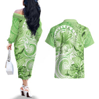 Polynesian Hibiscus Flower Tribal Couples Matching Off The Shoulder Long Sleeve Dress and Hawaiian Shirt Lime Green Color