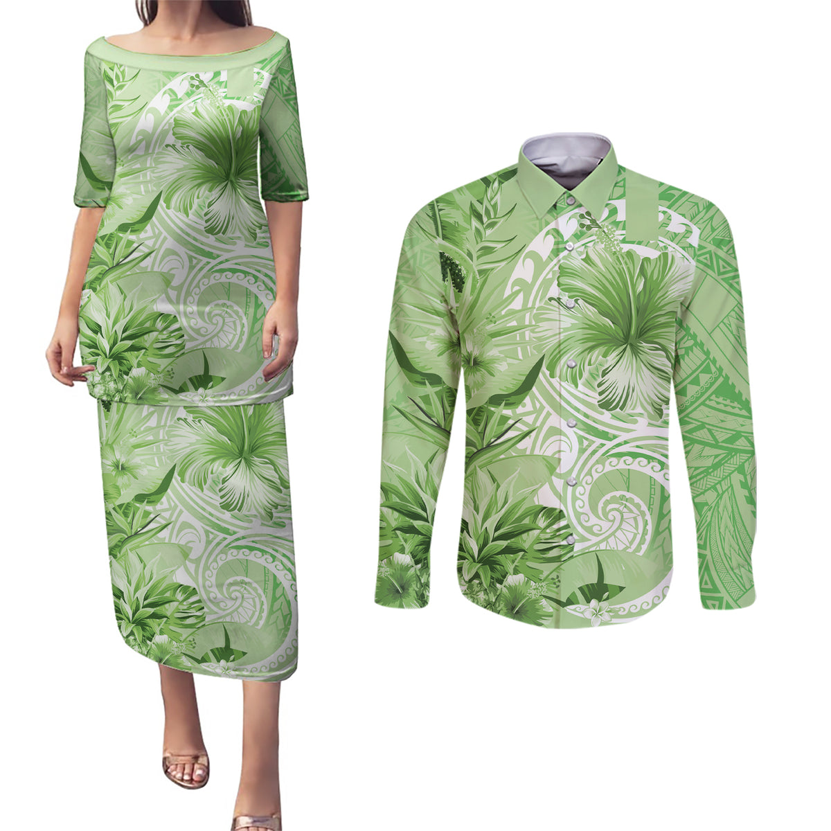 Polynesian Hibiscus Flower Tribal Couples Matching Puletasi and Long Sleeve Button Shirt Lime Green Color LT9 Lime Green - Polynesian Pride