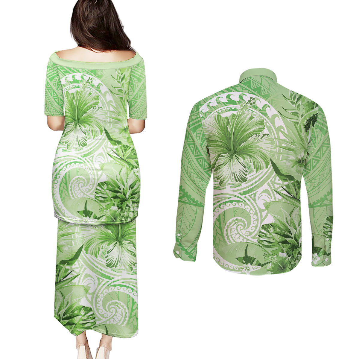 Polynesian Hibiscus Flower Tribal Couples Matching Puletasi and Long Sleeve Button Shirt Lime Green Color LT9 - Polynesian Pride