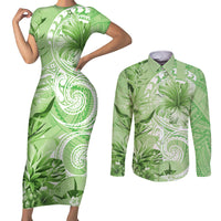 Polynesian Hibiscus Flower Tribal Couples Matching Short Sleeve Bodycon Dress and Long Sleeve Button Shirt Lime Green Color LT9 Lime Green - Polynesian Pride