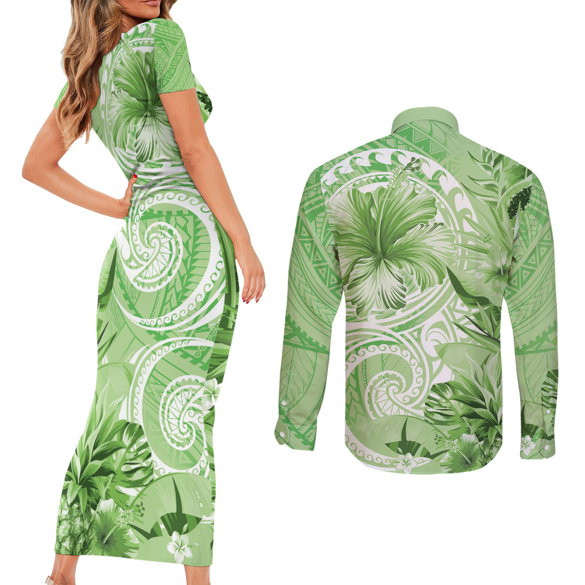 Polynesian Hibiscus Flower Tribal Couples Matching Short Sleeve Bodycon Dress and Long Sleeve Button Shirt Lime Green Color LT9 - Polynesian Pride