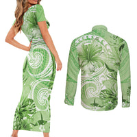 Polynesian Hibiscus Flower Tribal Couples Matching Short Sleeve Bodycon Dress and Long Sleeve Button Shirt Lime Green Color LT9 - Polynesian Pride