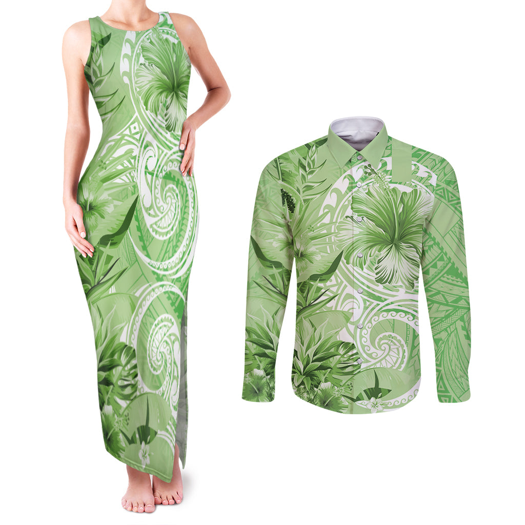 Polynesian Hibiscus Flower Tribal Couples Matching Tank Maxi Dress and Long Sleeve Button Shirt Lime Green Color LT9 Lime Green - Polynesian Pride