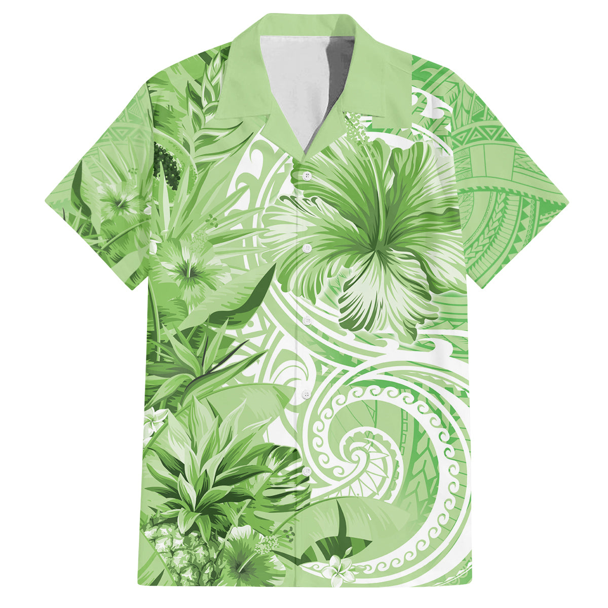 Polynesian Hibiscus Flower Tribal Family Matching Long Sleeve Bodycon Dress and Hawaiian Shirt Lime Green Color