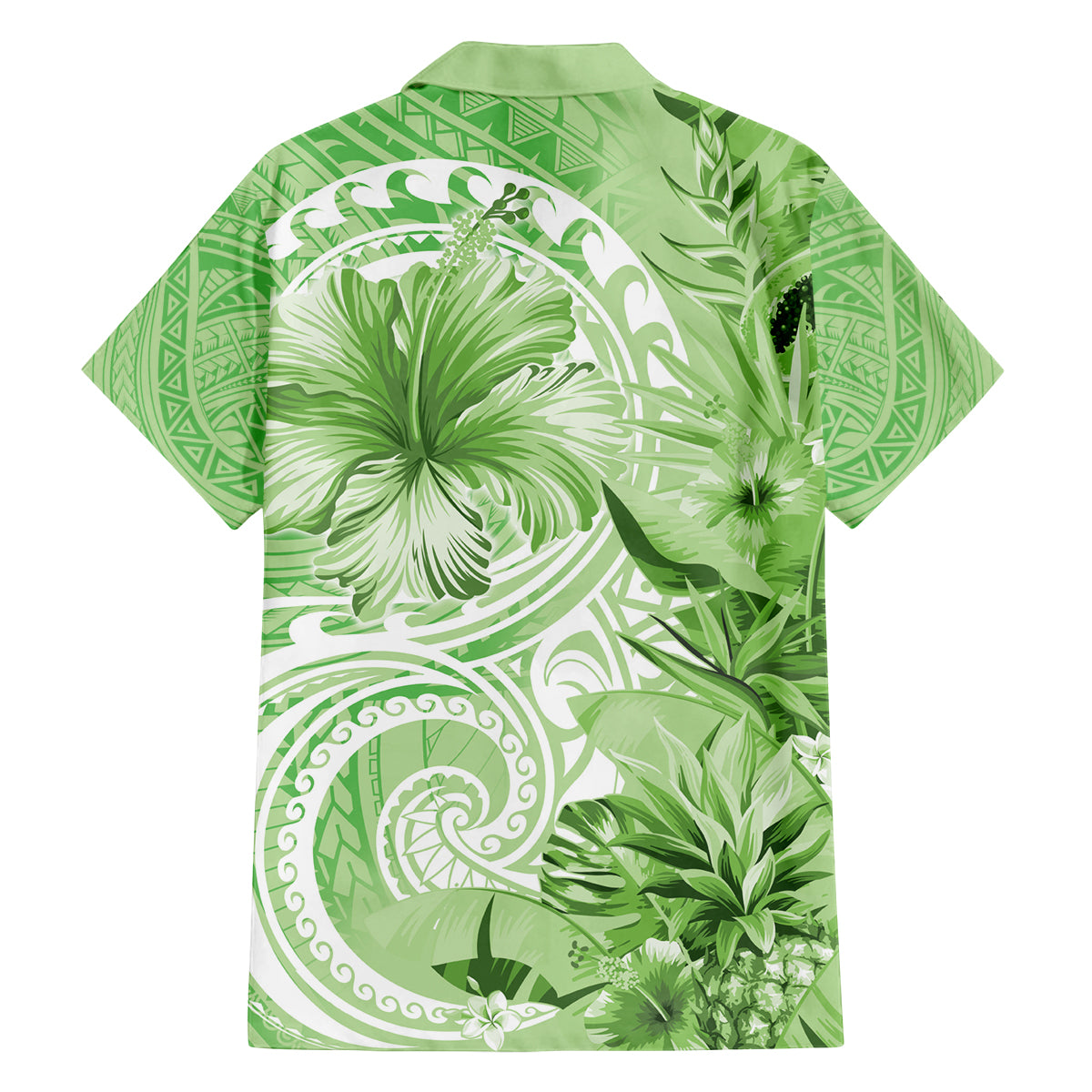 Polynesian Hibiscus Flower Tribal Family Matching Off The Shoulder Long Sleeve Dress and Hawaiian Shirt Lime Green Color