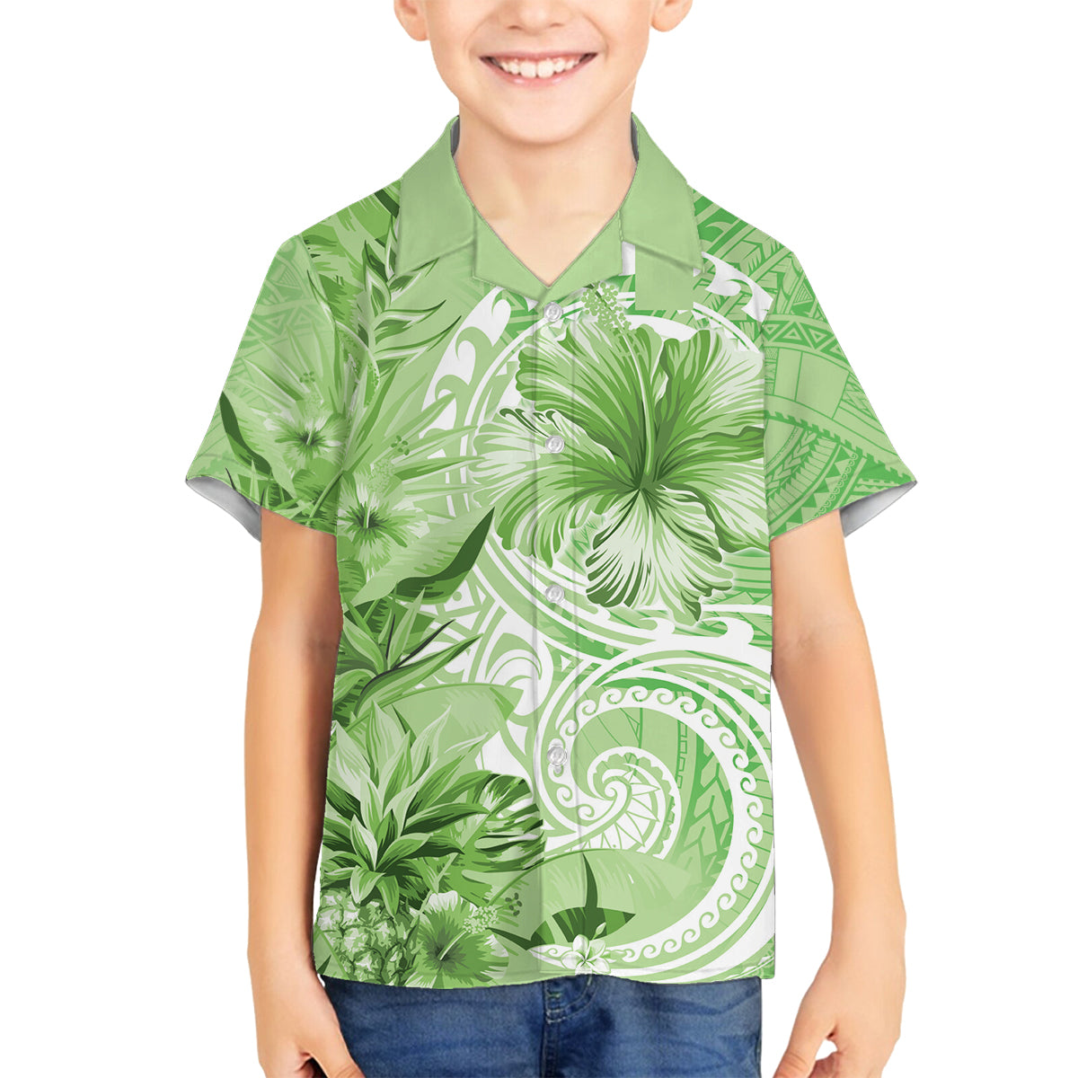 Polynesian Hibiscus Flower Tribal Family Matching Off Shoulder Maxi Dress and Hawaiian Shirt Lime Green Color LT9 Son's Shirt Lime Green - Polynesian Pride