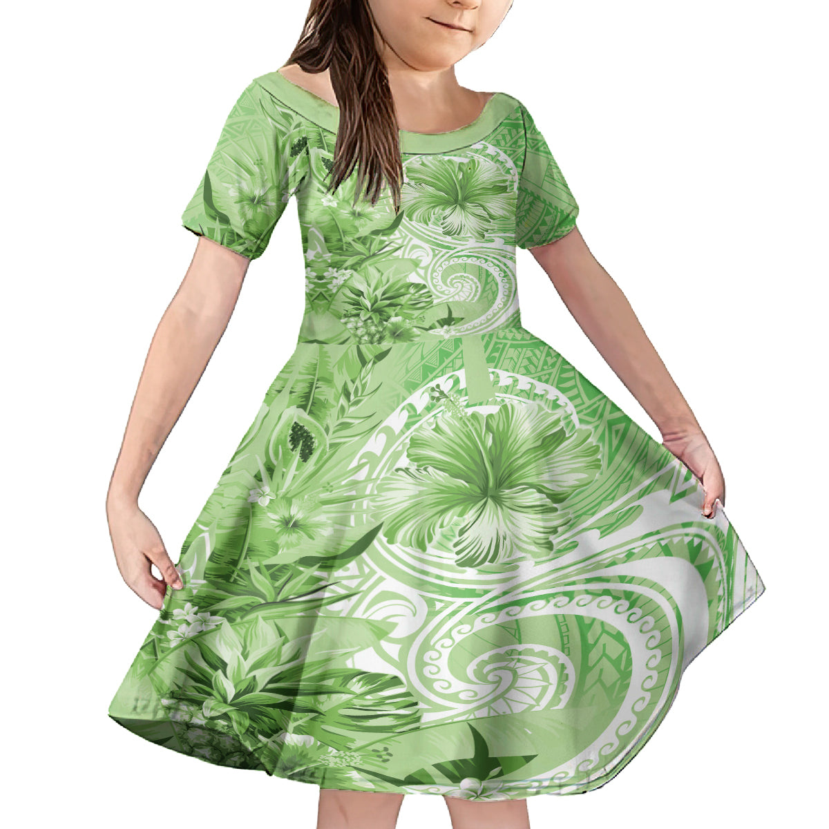 Polynesian Hibiscus Flower Tribal Family Matching Off Shoulder Short Dress and Hawaiian Shirt Lime Green Color LT9 Daughter's Dress Lime Green - Polynesian Pride