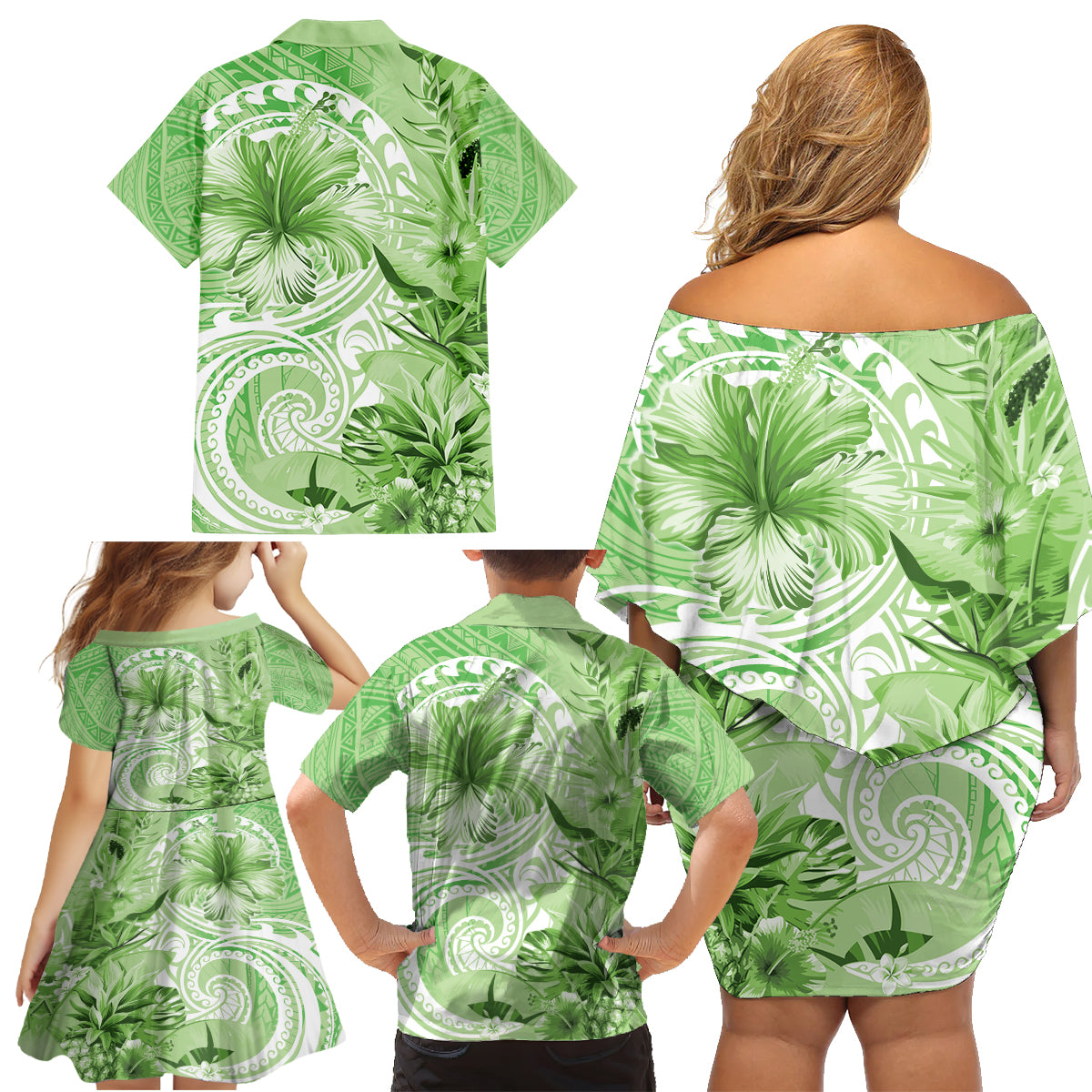 Polynesian Hibiscus Flower Tribal Family Matching Off Shoulder Short Dress and Hawaiian Shirt Lime Green Color LT9 - Polynesian Pride