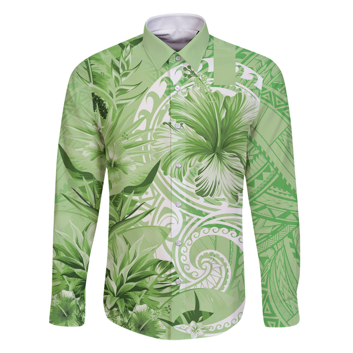 Polynesian Hibiscus Flower Tribal Family Matching Off Shoulder Short Dress and Hawaiian Shirt Lime Green Color LT9 Dad's Shirt - Long Sleeve Lime Green - Polynesian Pride