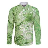 Polynesian Hibiscus Flower Tribal Family Matching Off Shoulder Short Dress and Hawaiian Shirt Lime Green Color LT9 Dad's Shirt - Long Sleeve Lime Green - Polynesian Pride
