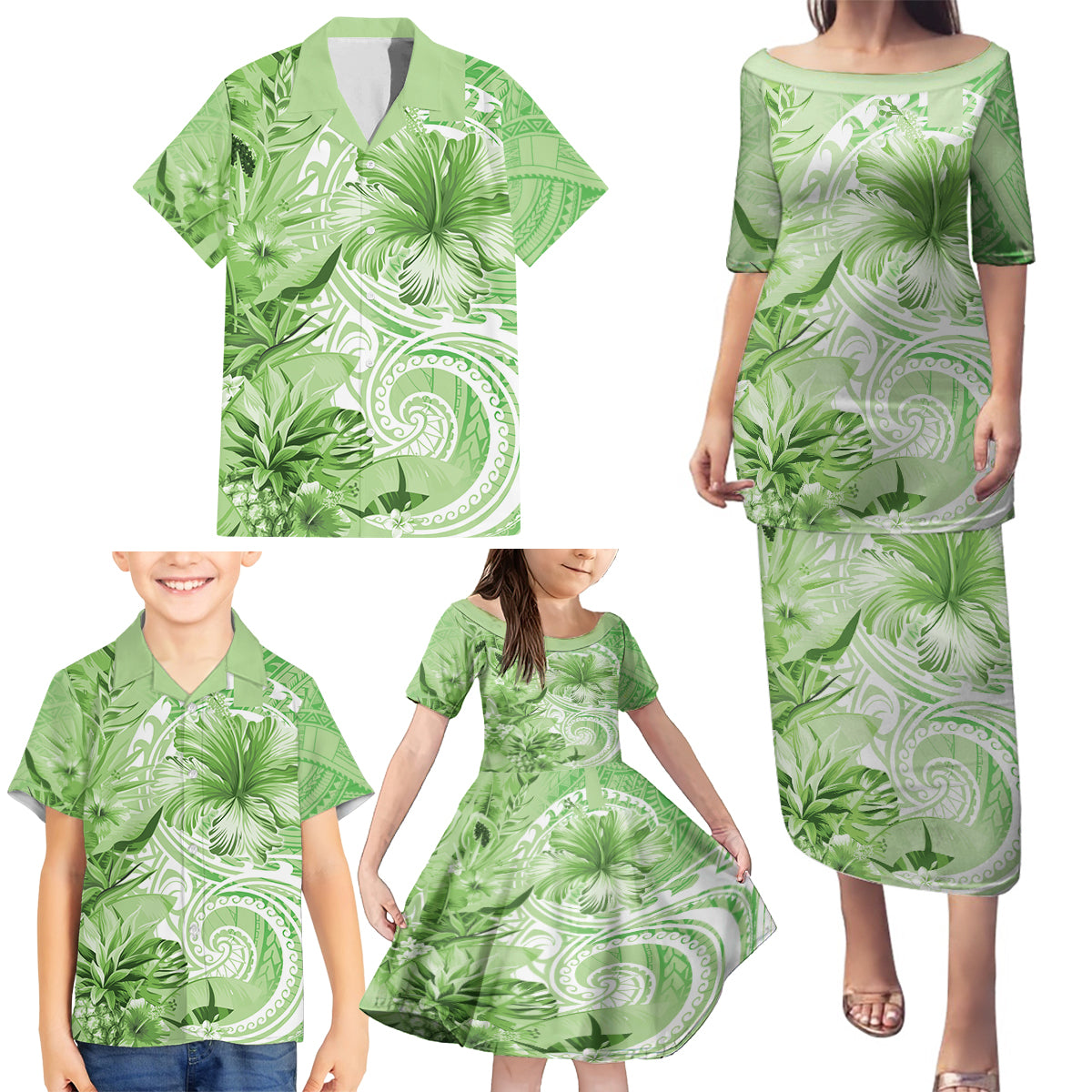 Polynesian Hibiscus Flower Tribal Family Matching Puletasi and Hawaiian Shirt Lime Green Color LT9 - Polynesian Pride